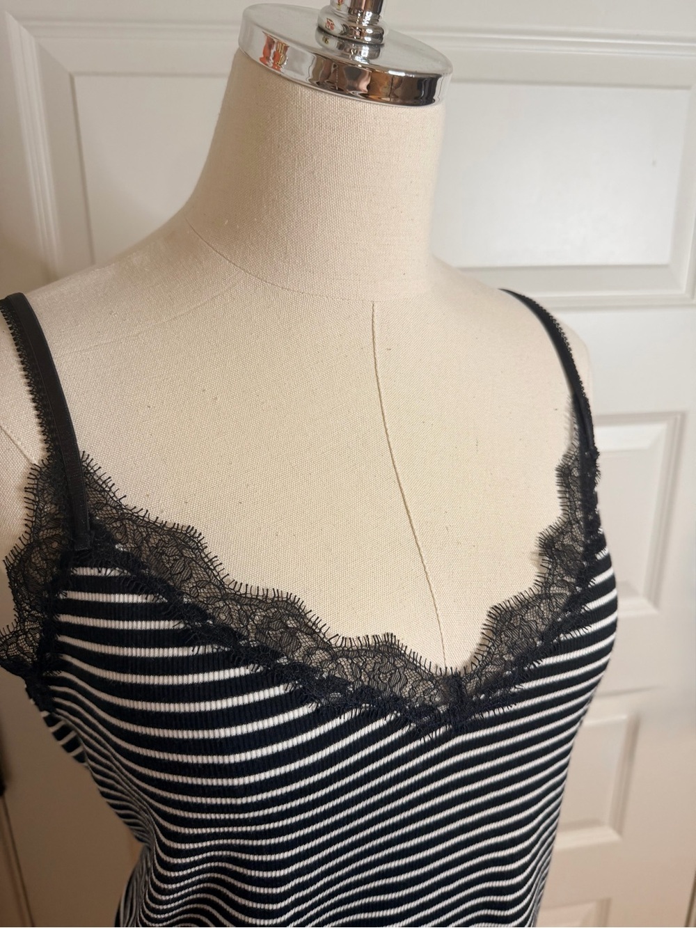 J. Crew Black & White Striped Fine Rib Lace Trim Cami